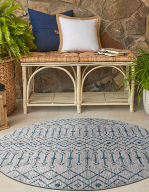 Light Blue 4' 1 x 4' 1 Outdoor Trellis Round Area Rug Weather Resistant for Patio, Deck, Terrace, Balcony, Porch Geometric Design Water Safe Outside Carpet for Sale at Rug Engine