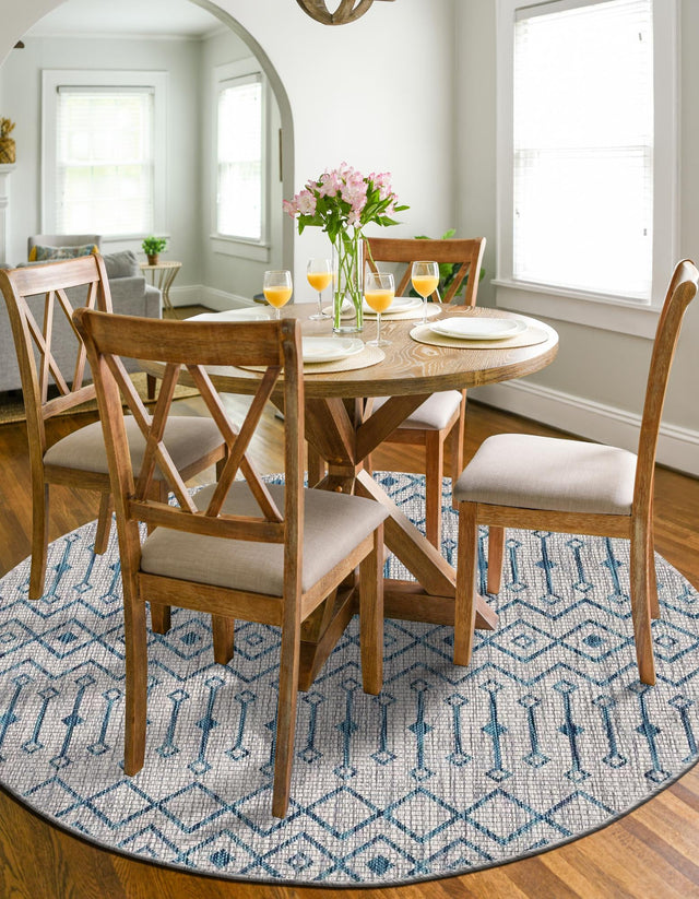 Light Blue 4' 1 x 4' 1 Outdoor Trellis Round Area Rug Weather Resistant for Patio, Deck, Terrace, Balcony, Porch Geometric Design Water Safe Outside Carpet for Sale at Rug Engine