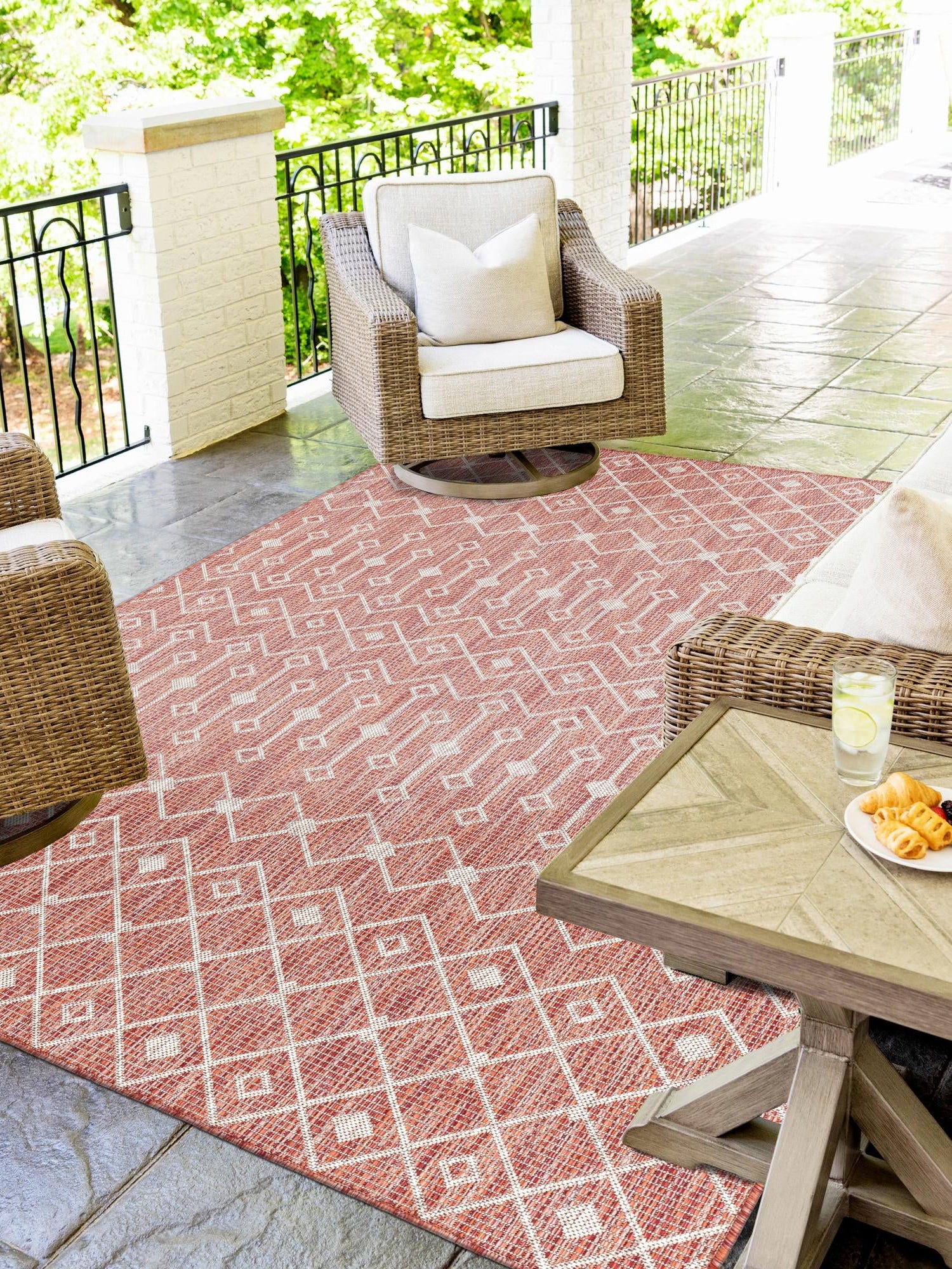 Rust Red 2' x 3' 1 Outdoor Trellis Rectangle Area Rug Weather Resistant for Patio, Deck, Terrace, Balcony, Porch Geometric Design Water Safe Outside Carpet for Sale at Rug Engine