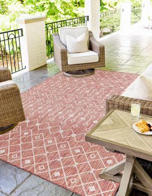 Rust Red 5' 3 x 8' Outdoor Trellis Rectangle Area Rug Weather Resistant for Patio, Deck, Terrace, Balcony, Porch Geometric Design Water Safe Outside Carpet for Sale at Rug Engine
