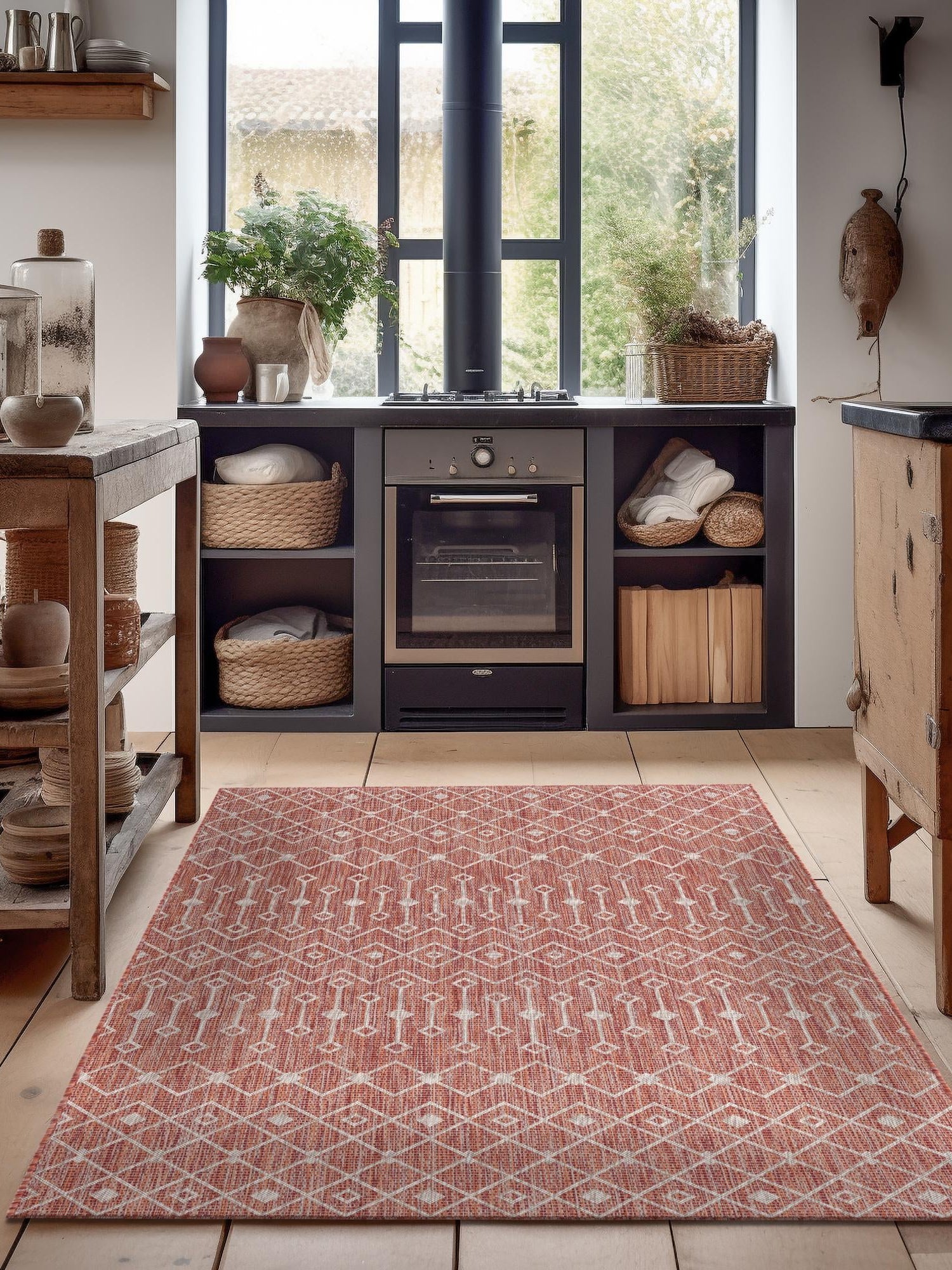 Rust Red 3' 1 x 5' 3 Outdoor Trellis Rectangle Area Rug Weather Resistant for Patio, Deck, Terrace, Balcony, Porch Geometric Design Water Safe Outside Carpet for Sale at Rug Engine