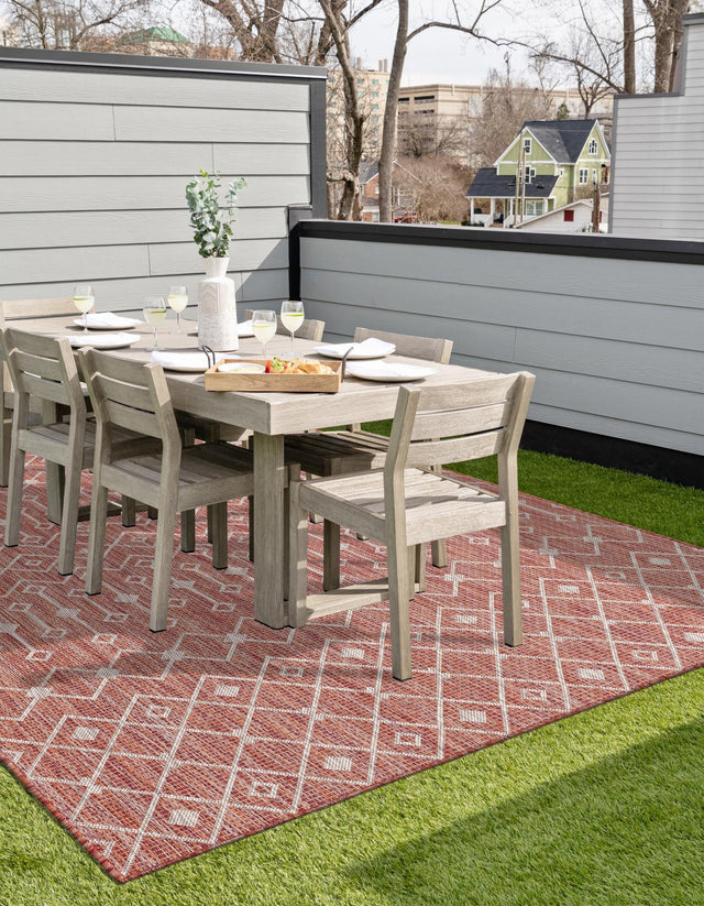Rust Red 7' 1 x 10' Outdoor Trellis Rectangle Area Rug Weather Resistant for Patio, Deck, Terrace, Balcony, Porch Geometric Design Water Safe Outside Carpet for Sale at Rug Engine