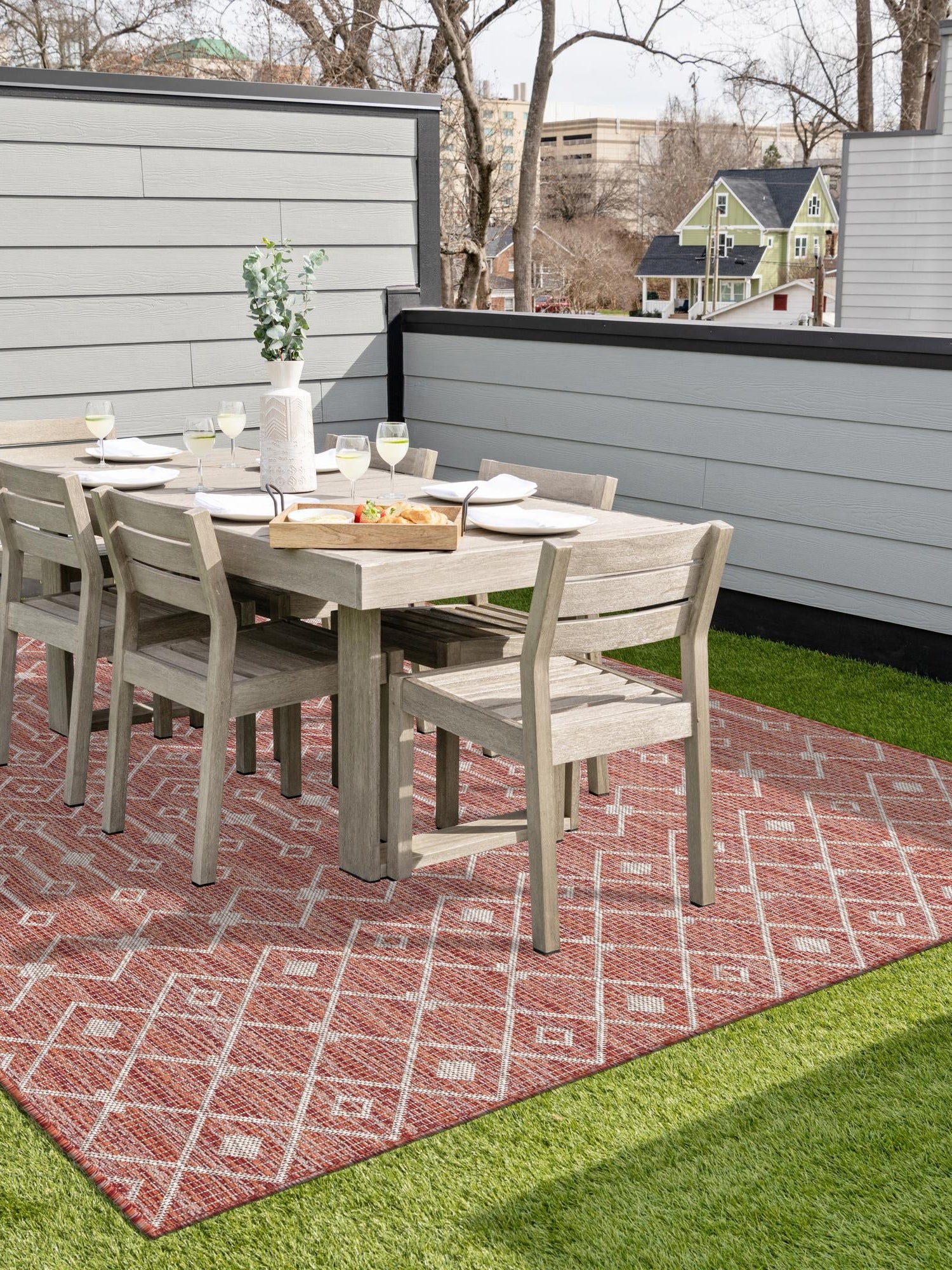 Rust Red 10' x 13' 1 Outdoor Trellis Rectangle Area Rug Weather Resistant for Patio, Deck, Terrace, Balcony, Porch Geometric Design Water Safe Outside Carpet for Sale at Rug Engine