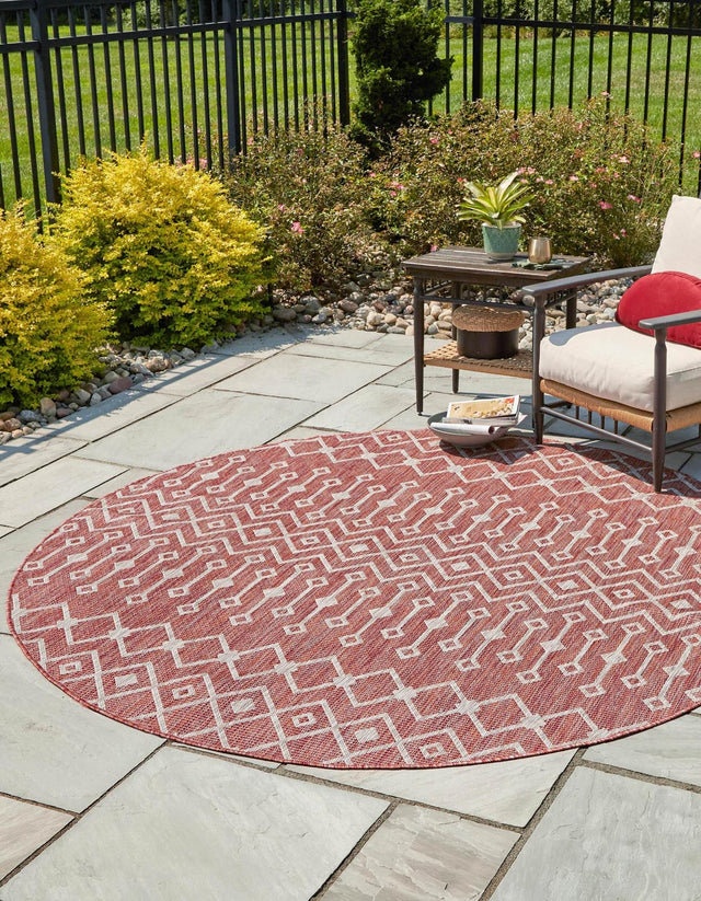 Rust Red 4' 1 x 4' 1 Outdoor Trellis Round Area Rug Weather Resistant for Patio, Deck, Terrace, Balcony, Porch Geometric Design Water Safe Outside Carpet for Sale at Rug Engine