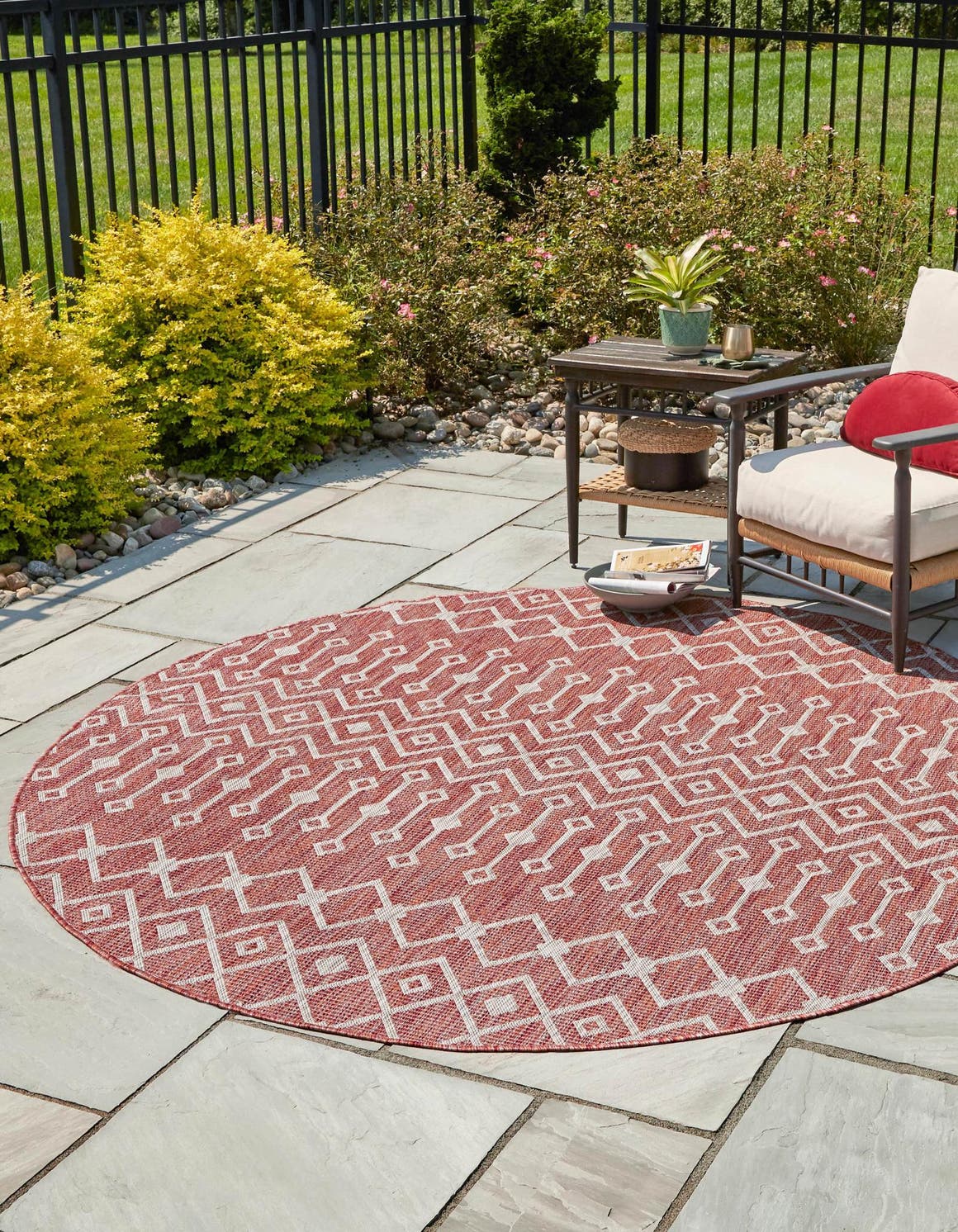 Rust Red 10' 8 x 10' 8 Outdoor Trellis Round Area Rug Weather Resistant for Patio, Deck, Terrace, Balcony, Porch Geometric Design Water Safe Outside Carpet for Sale at Rug Engine