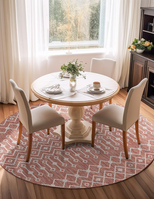 Rust Red 4' 1 x 4' 1 Outdoor Trellis Round Area Rug Weather Resistant for Patio, Deck, Terrace, Balcony, Porch Geometric Design Water Safe Outside Carpet for Sale at Rug Engine