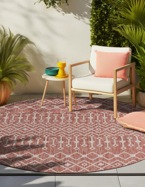 Rust Red 4' 1 x 4' 1 Outdoor Trellis Round Area Rug Weather Resistant for Patio, Deck, Terrace, Balcony, Porch Geometric Design Water Safe Outside Carpet for Sale at Rug Engine