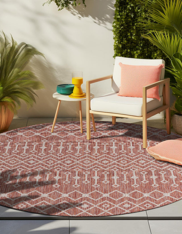 Rust Red 4' 1 x 4' 1 Outdoor Trellis Round Area Rug Weather Resistant for Patio, Deck, Terrace, Balcony, Porch Geometric Design Water Safe Outside Carpet for Sale at Rug Engine