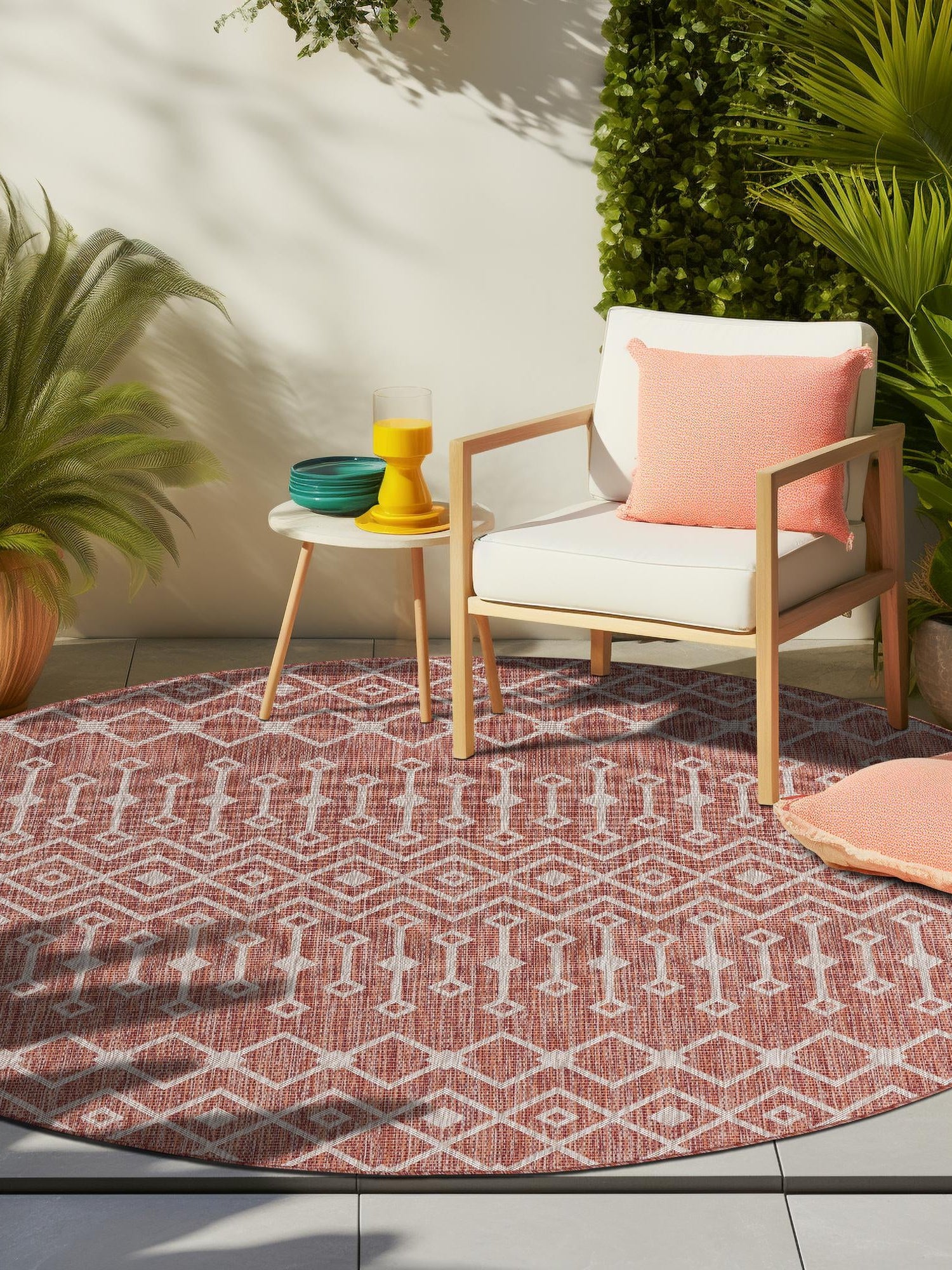 Rust Red 3' 1 x 3' 1 Outdoor Trellis Round Area Rug Weather Resistant for Patio, Deck, Terrace, Balcony, Porch Geometric Design Water Safe Outside Carpet for Sale at Rug Engine