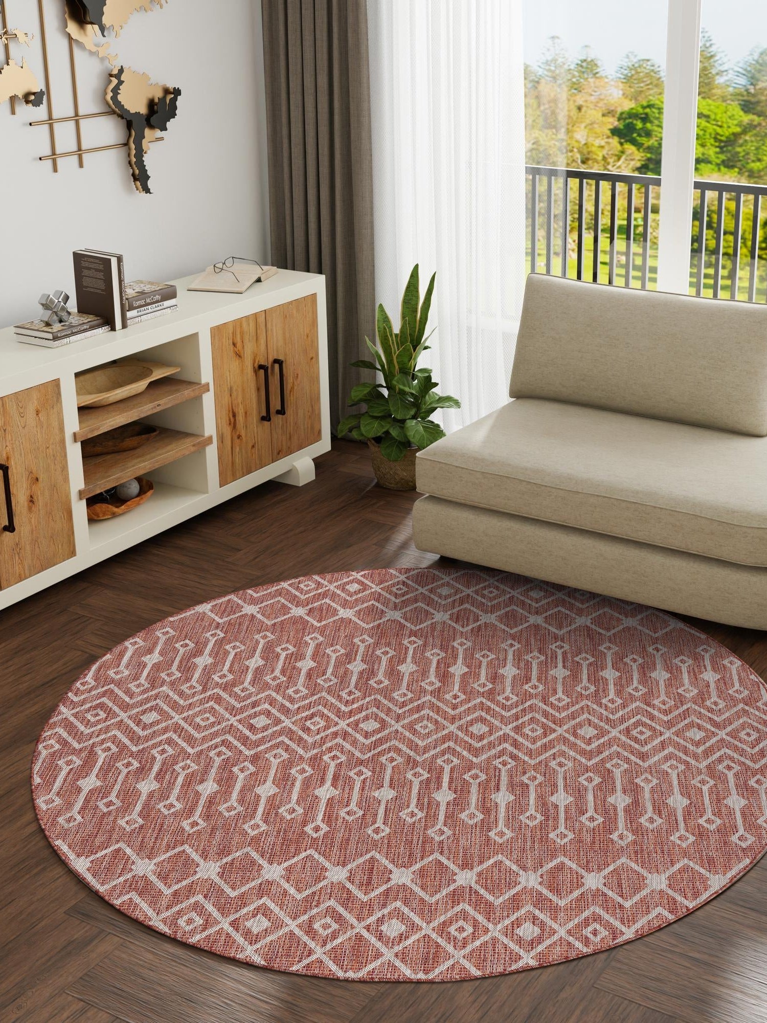 Rust Red 10' 8 x 10' 8 Outdoor Trellis Round Area Rug Weather Resistant for Patio, Deck, Terrace, Balcony, Porch Geometric Design Water Safe Outside Carpet for Sale at Rug Engine
