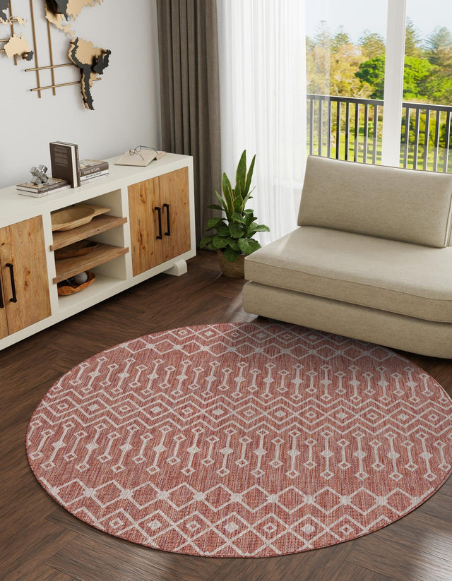 Rust Red 4' 1 x 4' 1 Outdoor Trellis Round Area Rug Weather Resistant for Patio, Deck, Terrace, Balcony, Porch Geometric Design Water Safe Outside Carpet for Sale at Rug Engine