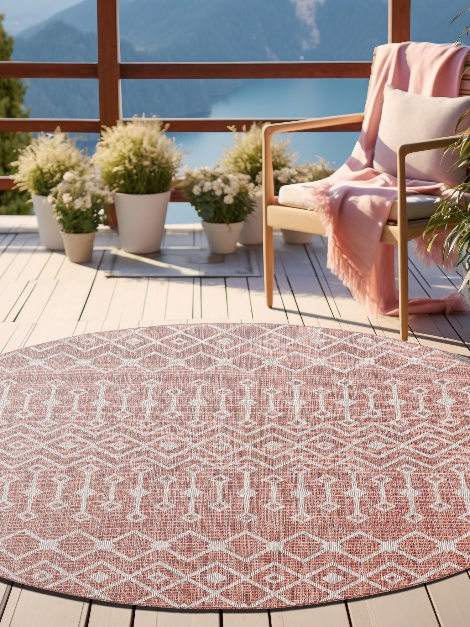 Rust Red 4' 1 x 4' 1 Outdoor Trellis Round Area Rug Weather Resistant for Patio, Deck, Terrace, Balcony, Porch Geometric Design Water Safe Outside Carpet for Sale at Rug Engine
