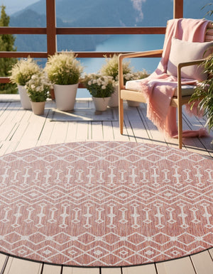 Rust Red 4' 1 x 4' 1 Outdoor Trellis Round Area Rug Weather Resistant for Patio, Deck, Terrace, Balcony, Porch Geometric Design Water Safe Outside Carpet for Sale at Rug Engine