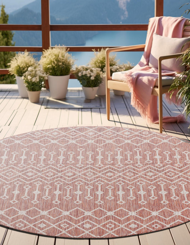Rust Red 4' 1 x 4' 1 Outdoor Trellis Round Area Rug Weather Resistant for Patio, Deck, Terrace, Balcony, Porch Geometric Design Water Safe Outside Carpet for Sale at Rug Engine