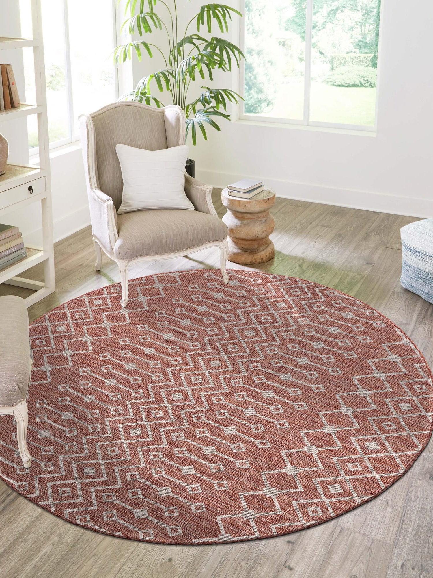 Rust Red 4' 1 x 4' 1 Outdoor Trellis Round Area Rug Weather Resistant for Patio, Deck, Terrace, Balcony, Porch Geometric Design Water Safe Outside Carpet for Sale at Rug Engine