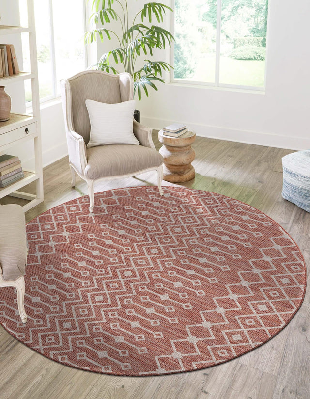 Rust Red 4' 1 x 4' 1 Outdoor Trellis Round Area Rug Weather Resistant for Patio, Deck, Terrace, Balcony, Porch Geometric Design Water Safe Outside Carpet for Sale at Rug Engine