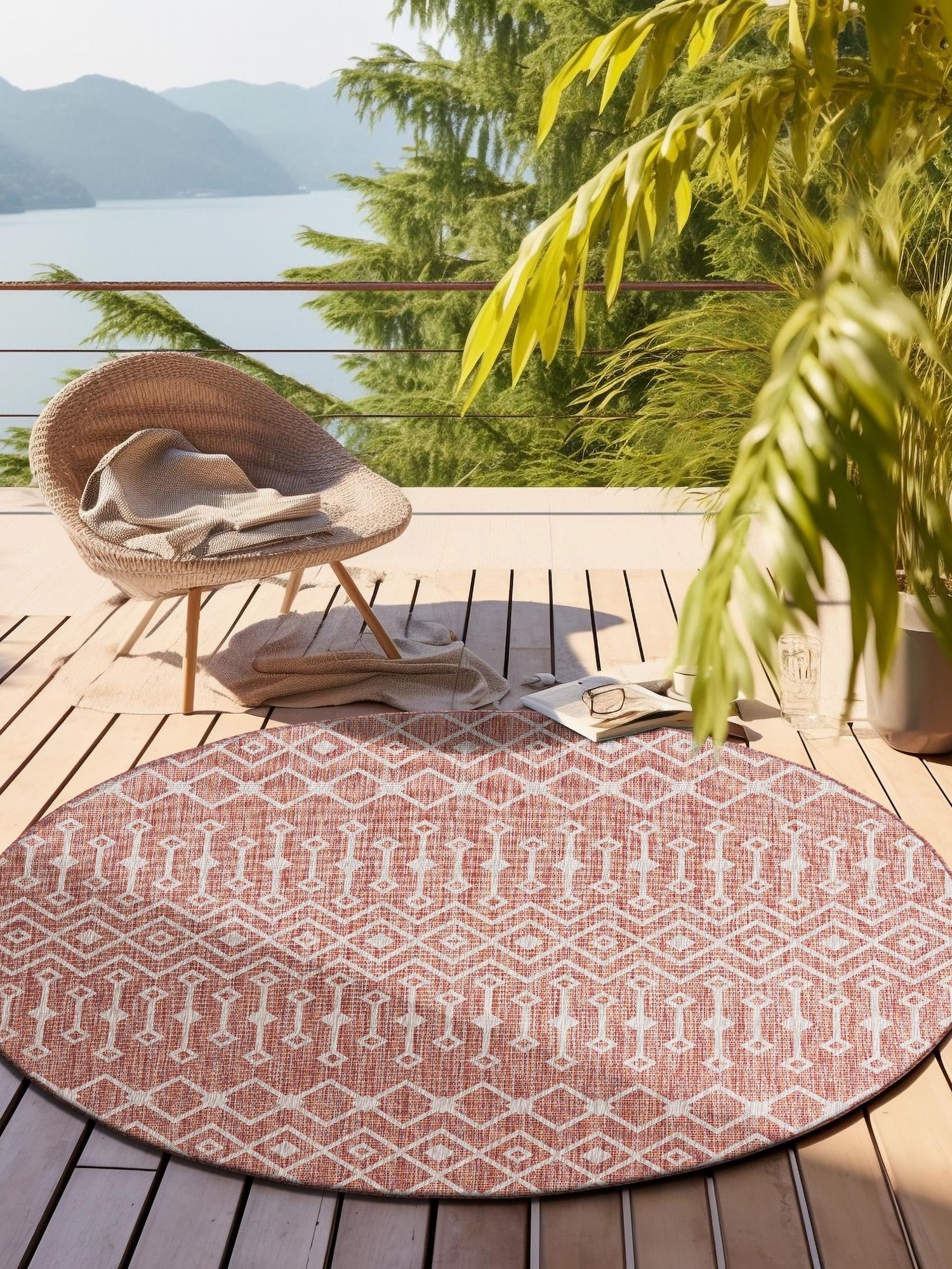 Rust Red 4' 1 x 4' 1 Outdoor Trellis Round Area Rug Weather Resistant for Patio, Deck, Terrace, Balcony, Porch Geometric Design Water Safe Outside Carpet for Sale at Rug Engine