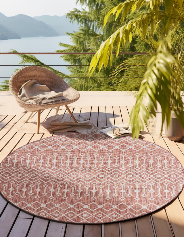 Rust Red 4' 1 x 4' 1 Outdoor Trellis Round Area Rug Weather Resistant for Patio, Deck, Terrace, Balcony, Porch Geometric Design Water Safe Outside Carpet for Sale at Rug Engine