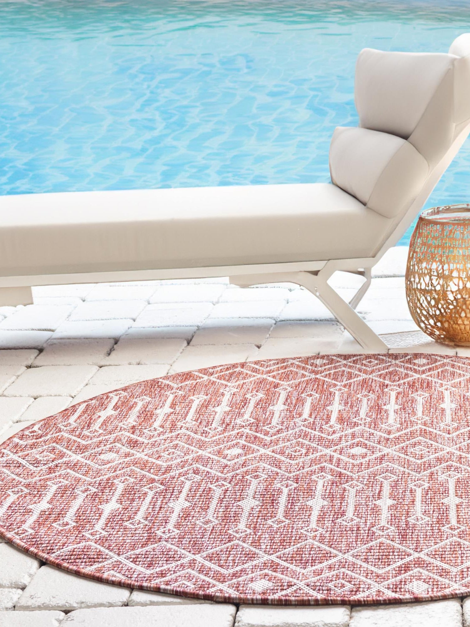 Rust Red 10' 8 x 10' 8 Outdoor Trellis Round Area Rug Weather Resistant for Patio, Deck, Terrace, Balcony, Porch Geometric Design Water Safe Outside Carpet for Sale at Rug Engine