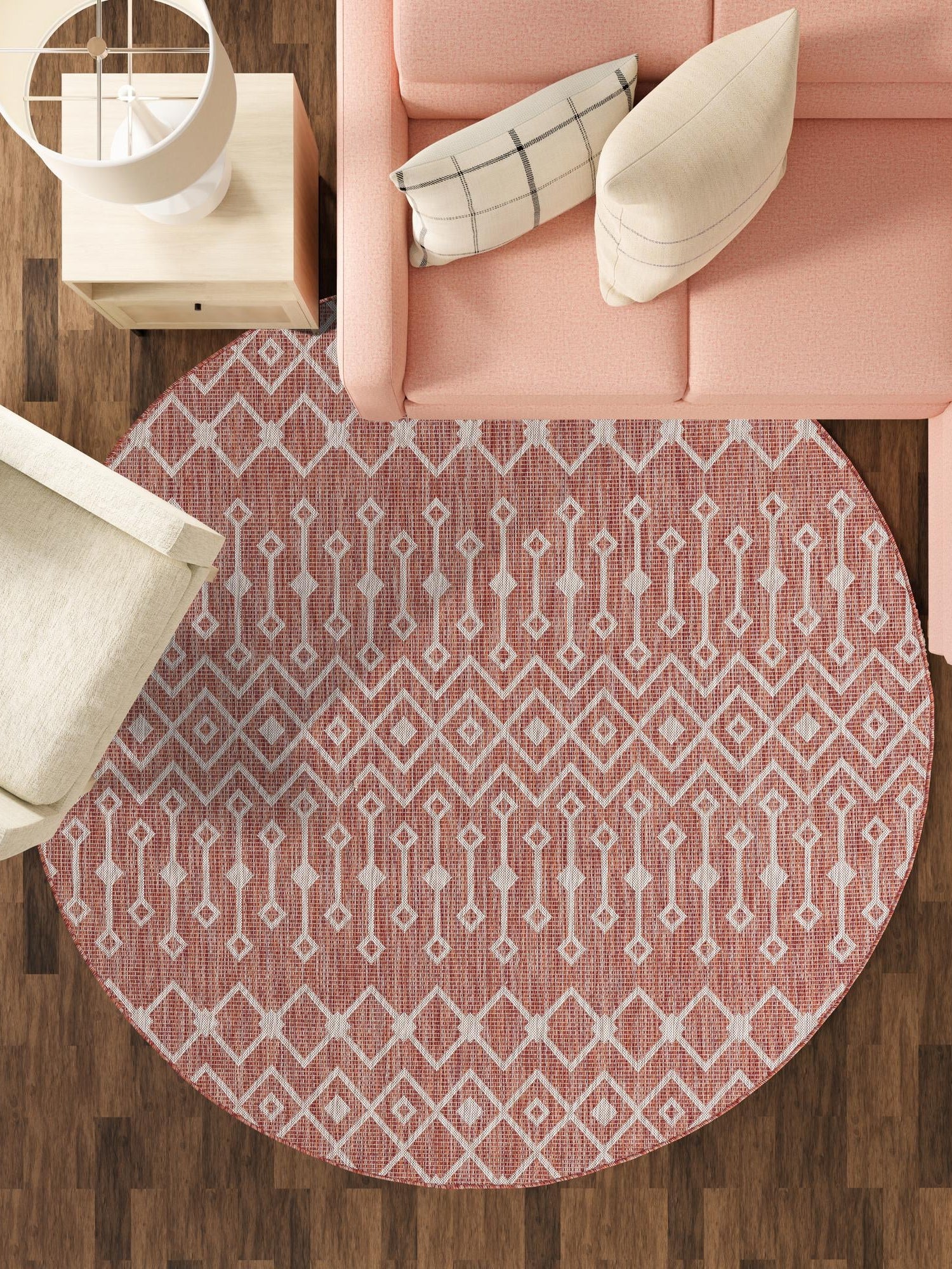 Rust Red 3' 1 x 3' 1 Outdoor Trellis Round Area Rug Weather Resistant for Patio, Deck, Terrace, Balcony, Porch Geometric Design Water Safe Outside Carpet for Sale at Rug Engine