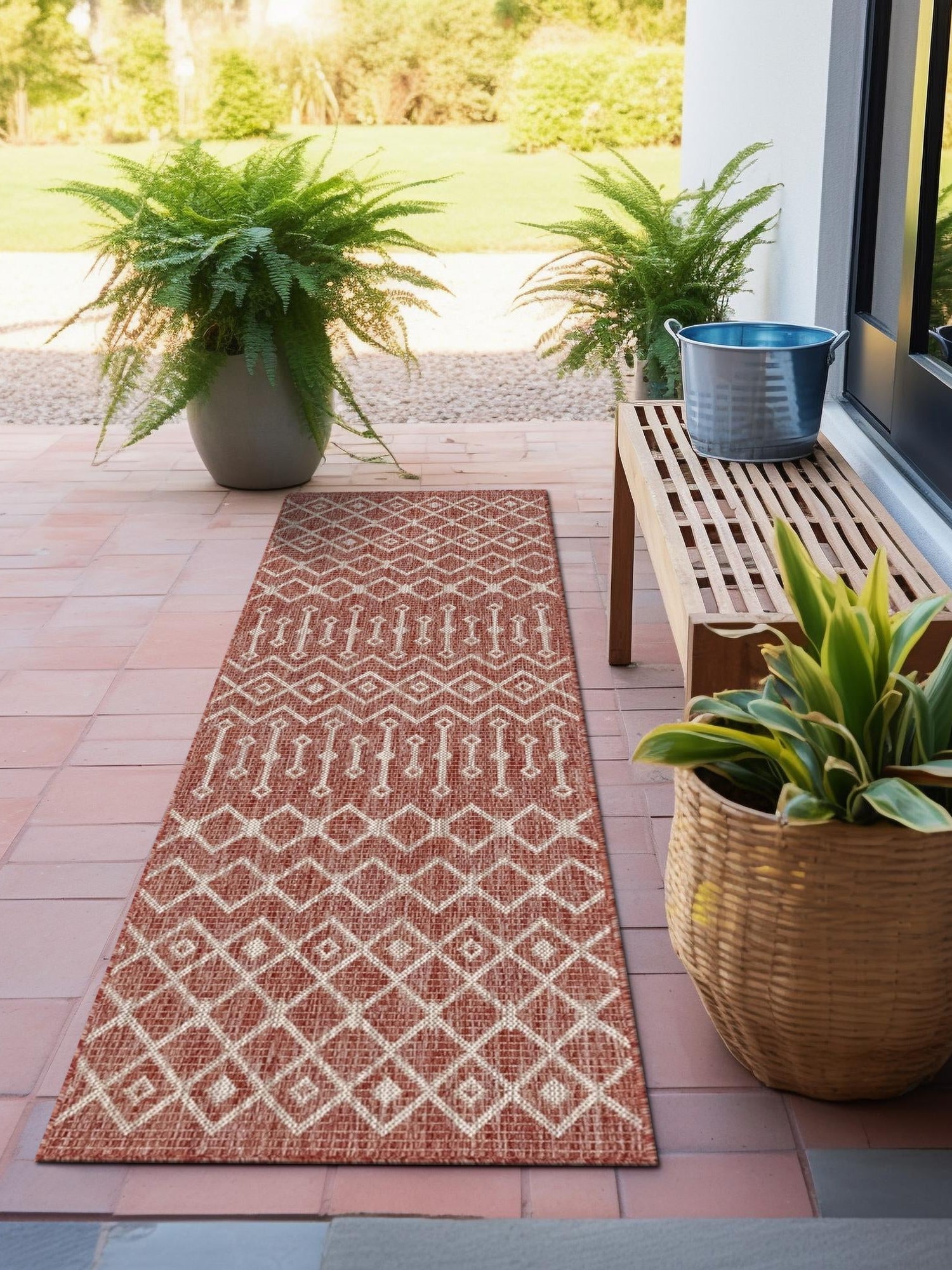 Rust Red 2' x 6' 1 Outdoor Trellis Runner Area Rug Weather Resistant for Patio, Deck, Terrace, Balcony, Porch Geometric Design Water Safe Outside Carpet for Sale at Rug Engine