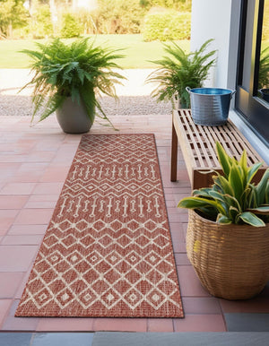 Rust Red 2' x 6' 1 Outdoor Trellis Runner Area Rug Weather Resistant for Patio, Deck, Terrace, Balcony, Porch Geometric Design Water Safe Outside Carpet for Sale at Rug Engine