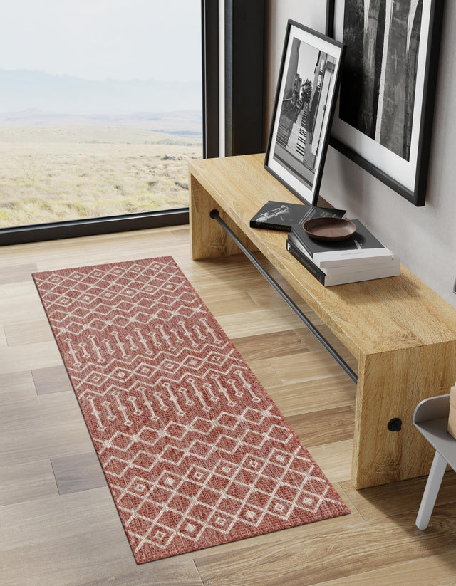 Rust Red 2' 7 x 10' Outdoor Trellis Runner Area Rug Weather Resistant for Patio, Deck, Terrace, Balcony, Porch Geometric Design Water Safe Outside Carpet for Sale at Rug Engine