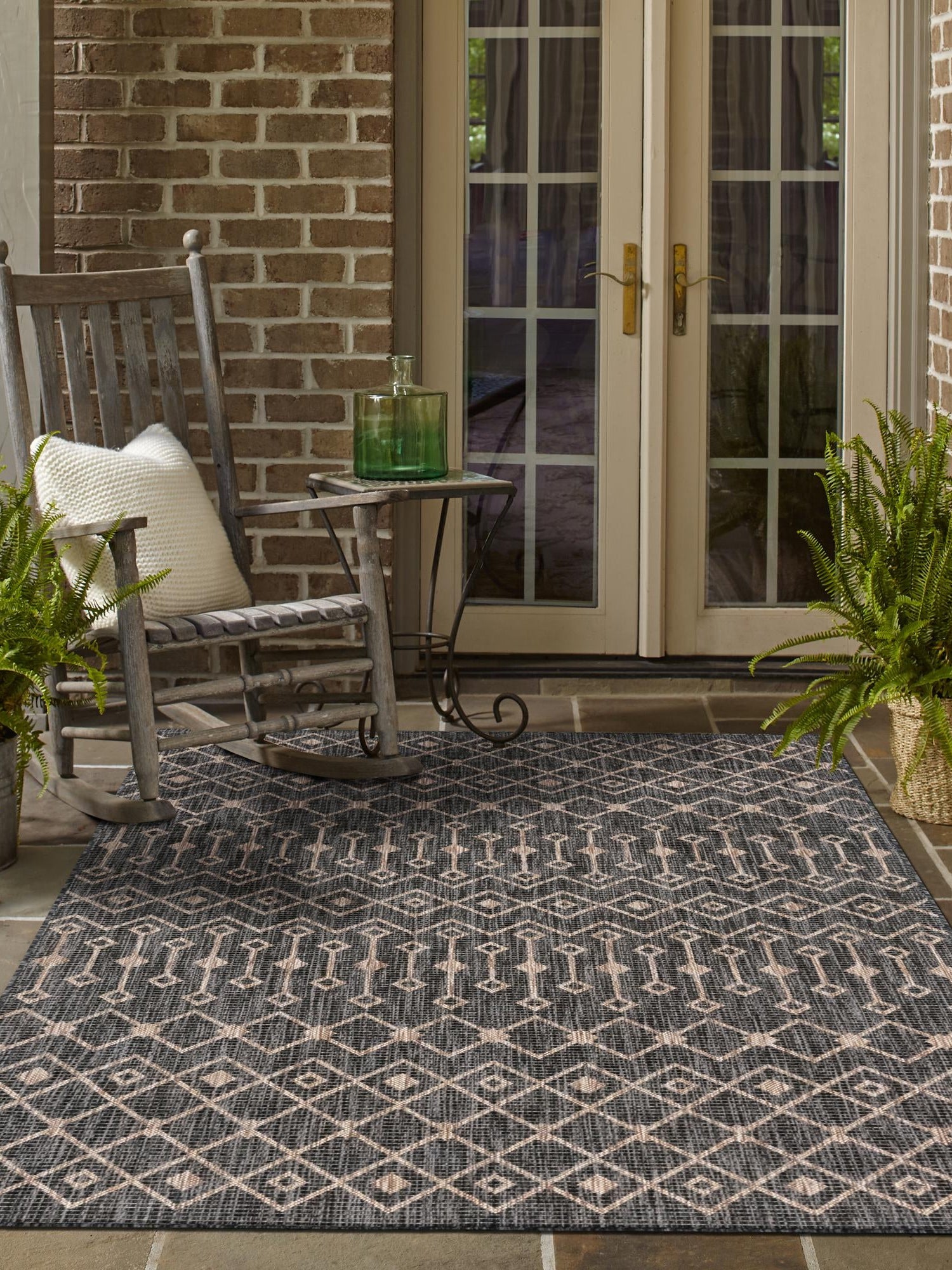 Charcoal Gray 6' 1 x 9' Outdoor Trellis Rectangle Area Rug Weather Resistant for Patio, Deck, Terrace, Balcony, Porch Geometric Design Water Safe Outside Carpet for Sale at Rug Engine