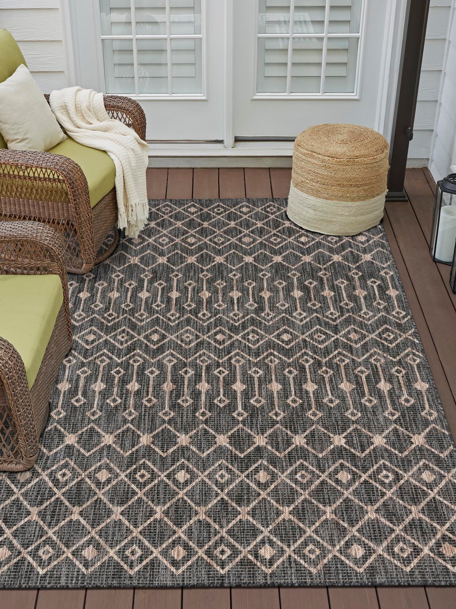 Charcoal Gray 7' 10 x 11' Outdoor Trellis Rectangle Area Rug Weather Resistant for Patio, Deck, Terrace, Balcony, Porch Geometric Design Water Safe Outside Carpet for Sale at Rug Engine
