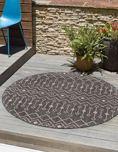 Charcoal Gray 4' 1 x 4' 1 Outdoor Trellis Round Area Rug Weather Resistant for Patio, Deck, Terrace, Balcony, Porch