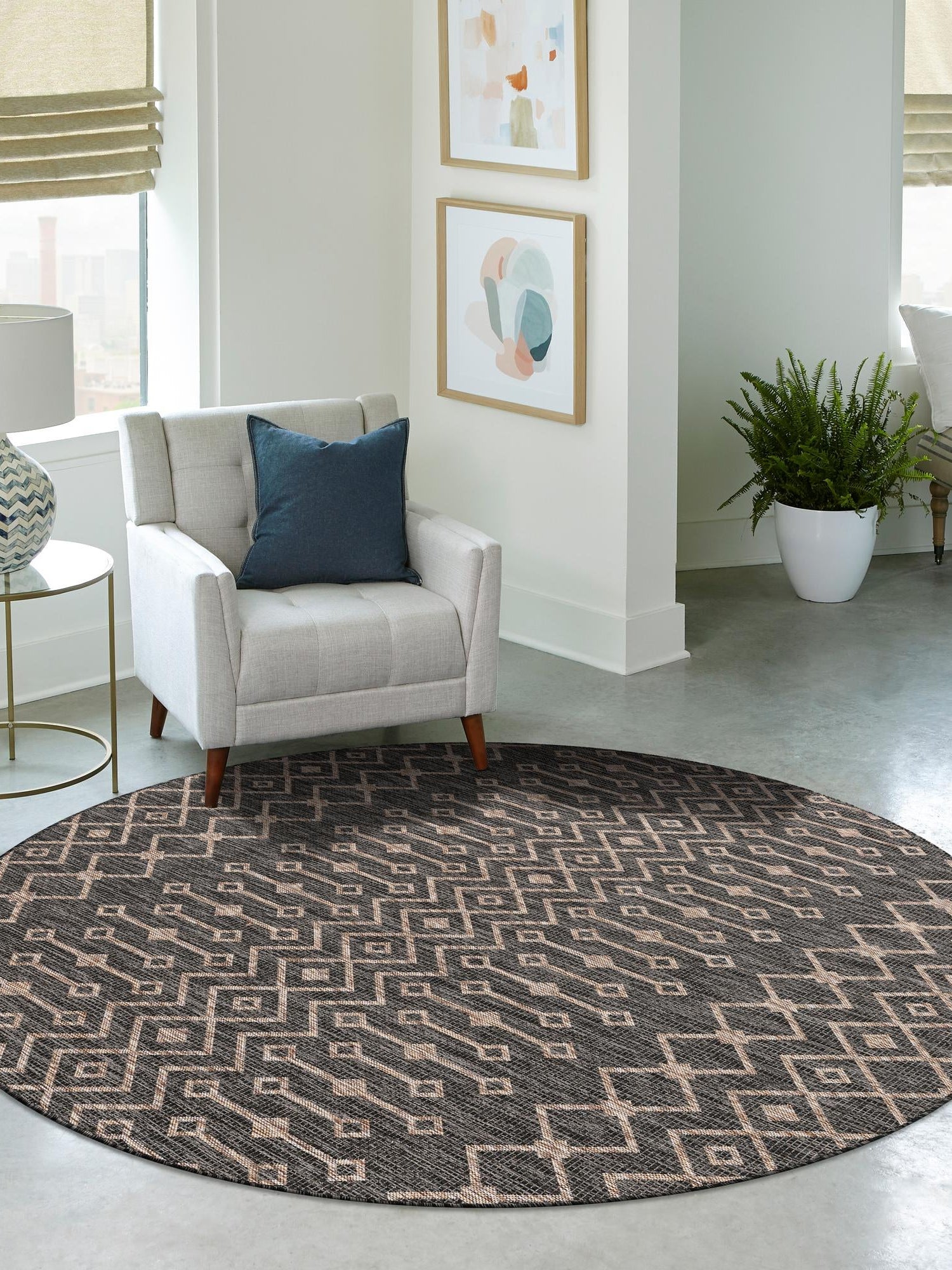 Charcoal Gray 13' 1 x 13' 1 Outdoor Trellis Round Area Rug Weather Resistant for Patio, Deck, Terrace, Balcony, Porch Geometric Design Water Safe Outside Carpet for Sale at Rug Engine