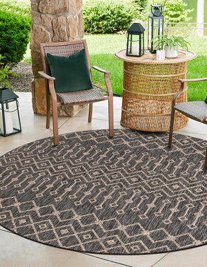 Charcoal Gray 3' 1 x 3' 1 Outdoor Trellis Round Area Rug Weather Resistant for Patio, Deck, Terrace, Balcony, Porch Geometric Design Water Safe Outside Carpet for Sale at Rug Engine