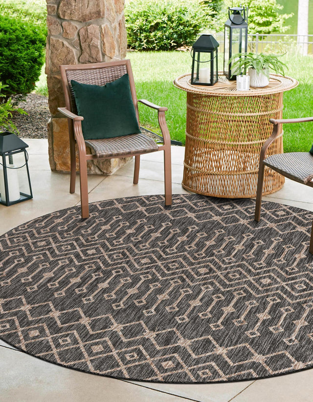 Charcoal Gray 3' 1 x 3' 1 Outdoor Trellis Round Area Rug Weather Resistant for Patio, Deck, Terrace, Balcony, Porch Geometric Design Water Safe Outside Carpet for Sale at Rug Engine