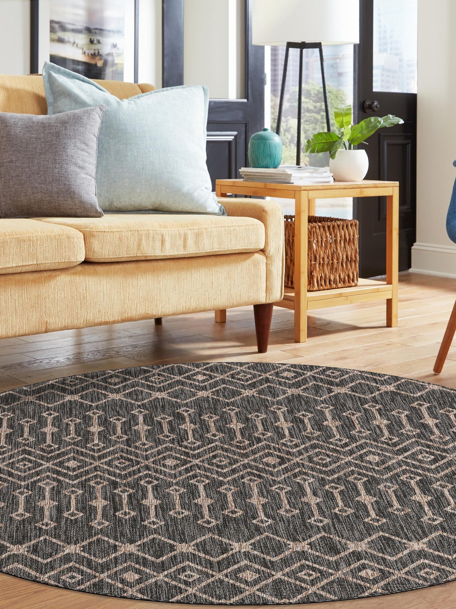 Charcoal Gray 13' 1 x 13' 1 Outdoor Trellis Round Area Rug Weather Resistant for Patio, Deck, Terrace, Balcony, Porch Geometric Design Water Safe Outside Carpet for Sale at Rug Engine