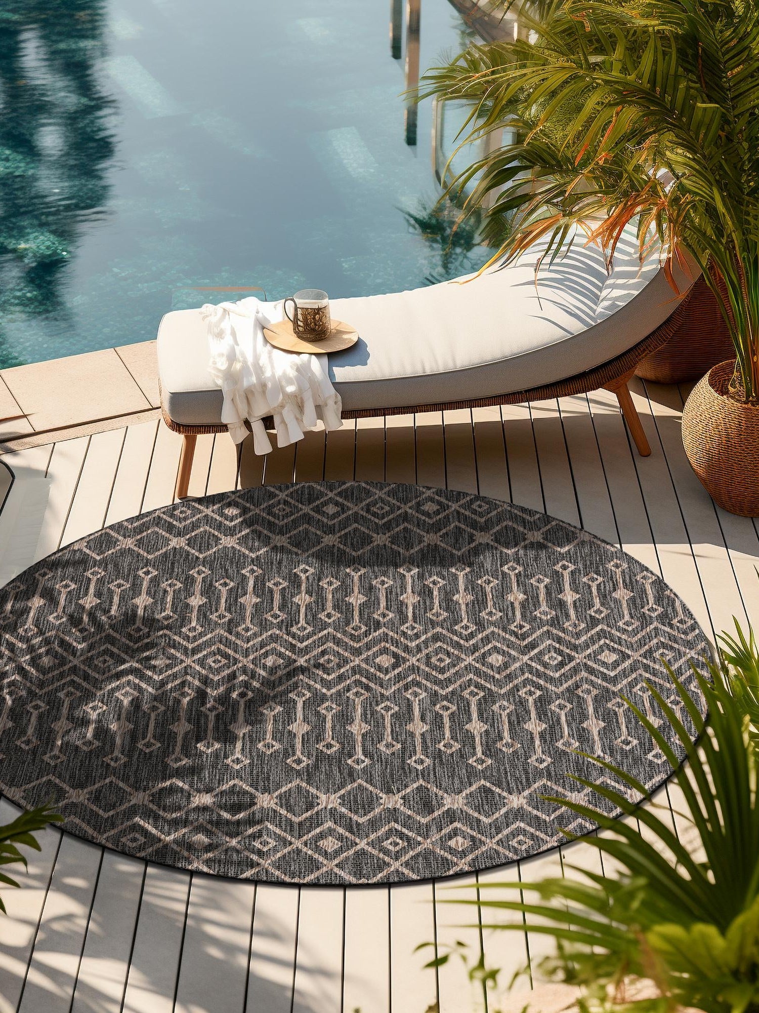 Charcoal Gray 10' 8 x 10' 8 Outdoor Trellis Round Area Rug Weather Resistant for Patio, Deck, Terrace, Balcony, Porch Geometric Design Water Safe Outside Carpet for Sale at Rug Engine