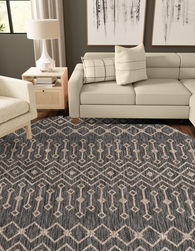Charcoal Gray 10' 8 x 10' 8 Outdoor Trellis Round Area Rug Weather Resistant for Patio, Deck, Terrace, Balcony, Porch Geometric Design Water Safe Outside Carpet for Sale at Rug Engine