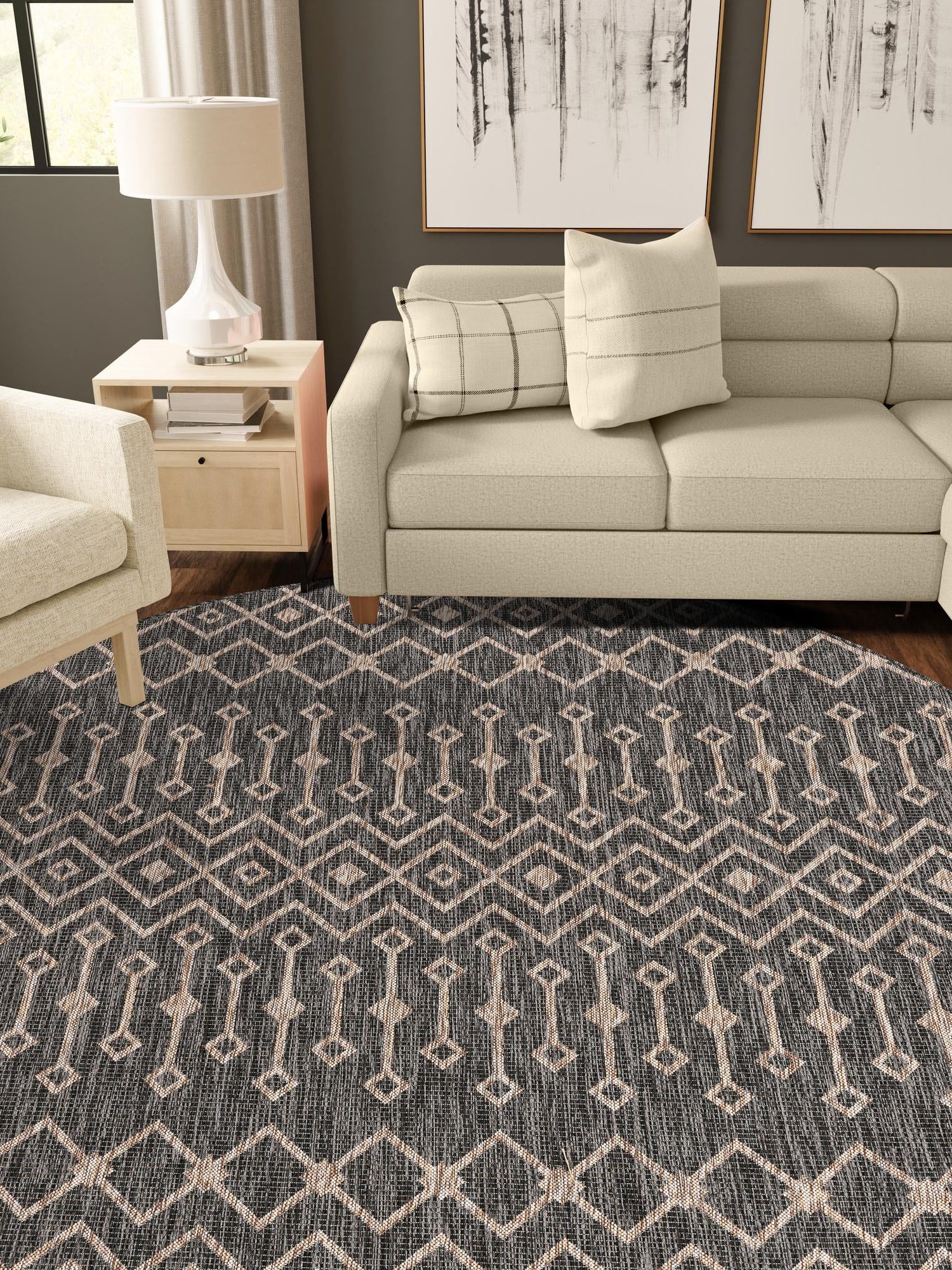 Charcoal Gray 13' 1 x 13' 1 Outdoor Trellis Round Area Rug Weather Resistant for Patio, Deck, Terrace, Balcony, Porch Geometric Design Water Safe Outside Carpet for Sale at Rug Engine