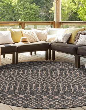 Charcoal Gray 3' 1 x 3' 1 Outdoor Trellis Round Area Rug Weather Resistant for Patio, Deck, Terrace, Balcony, Porch Geometric Design Water Safe Outside Carpet for Sale at Rug Engine