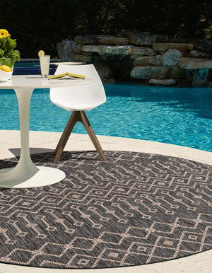 Charcoal Gray 10' 8 x 10' 8 Outdoor Trellis Round Area Rug Weather Resistant for Patio, Deck, Terrace, Balcony, Porch Geometric Design Water Safe Outside Carpet for Sale at Rug Engine