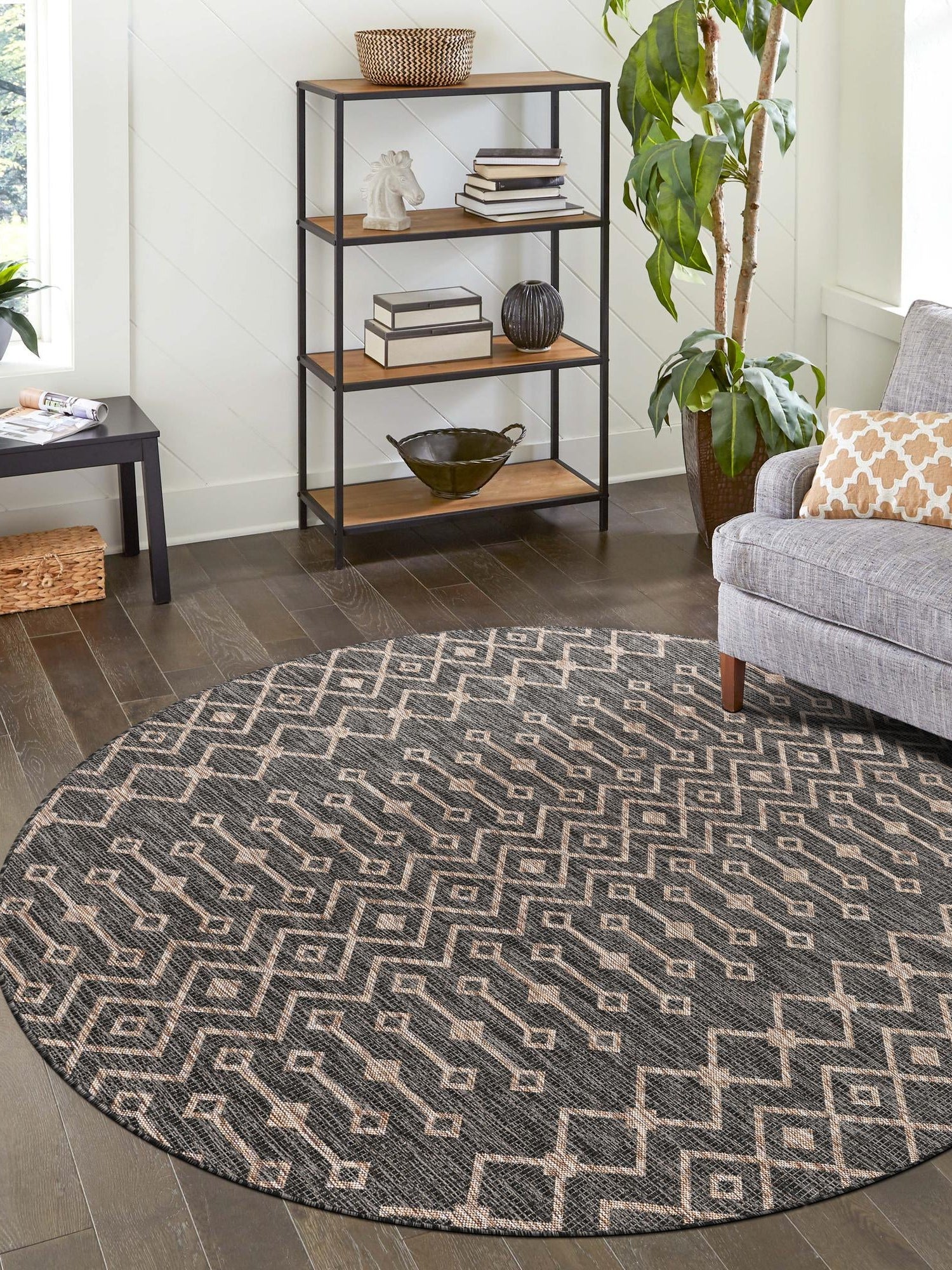 Charcoal Gray 10' 8 x 10' 8 Outdoor Trellis Round Area Rug Weather Resistant for Patio, Deck, Terrace, Balcony, Porch Geometric Design Water Safe Outside Carpet for Sale at Rug Engine