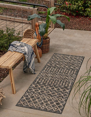 Charcoal Gray 2' x 8' Outdoor Trellis Runner Area Rug Weather Resistant for Patio, Deck, Terrace, Balcony, Porch Geometric Design Water Safe Outside Carpet for Sale at Rug Engine