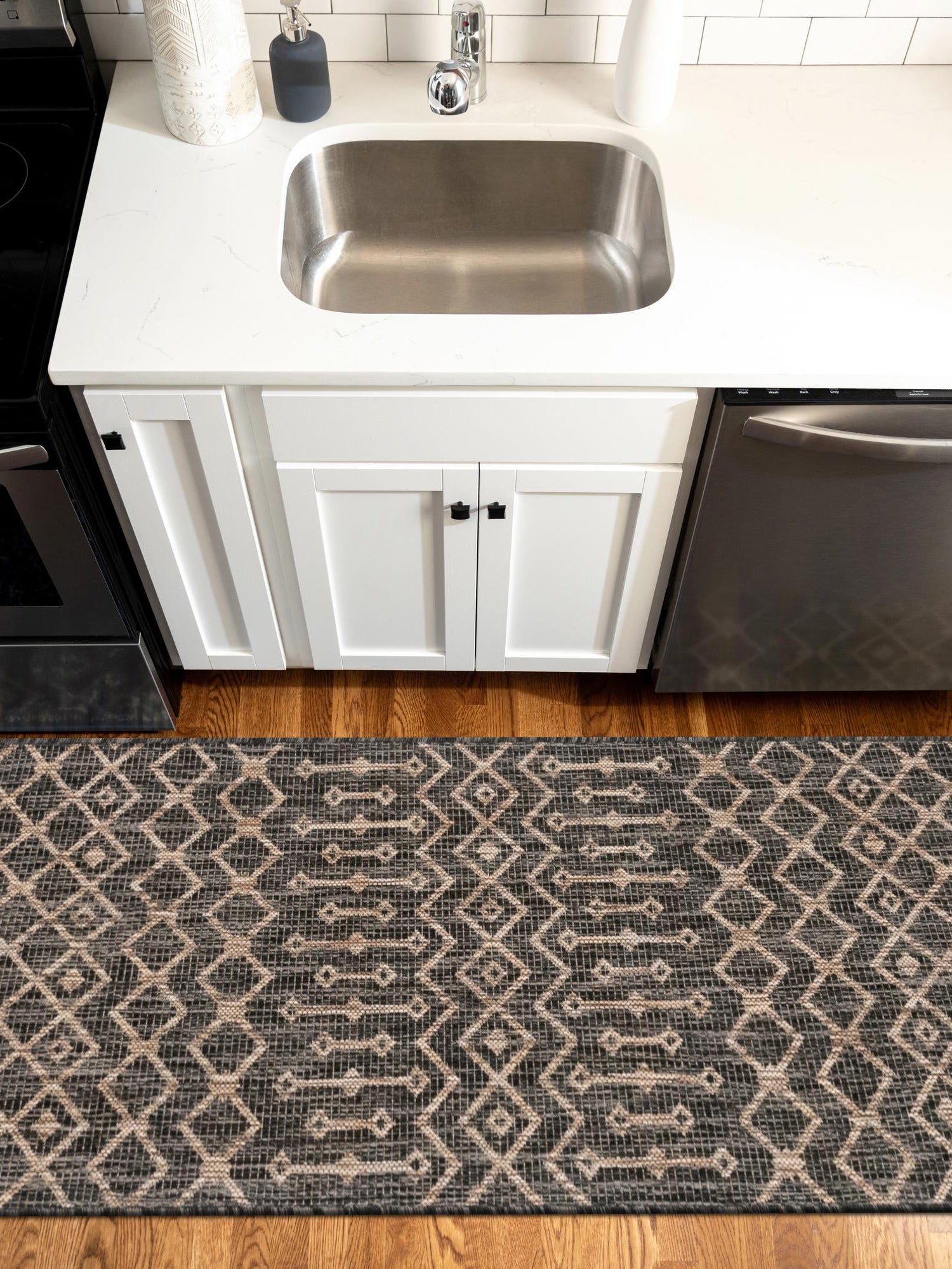 Charcoal Gray 2' x 6' 1 Outdoor Trellis Runner Area Rug Weather Resistant for Patio, Deck, Terrace, Balcony, Porch Geometric Design Water Safe Outside Carpet for Sale at Rug Engine