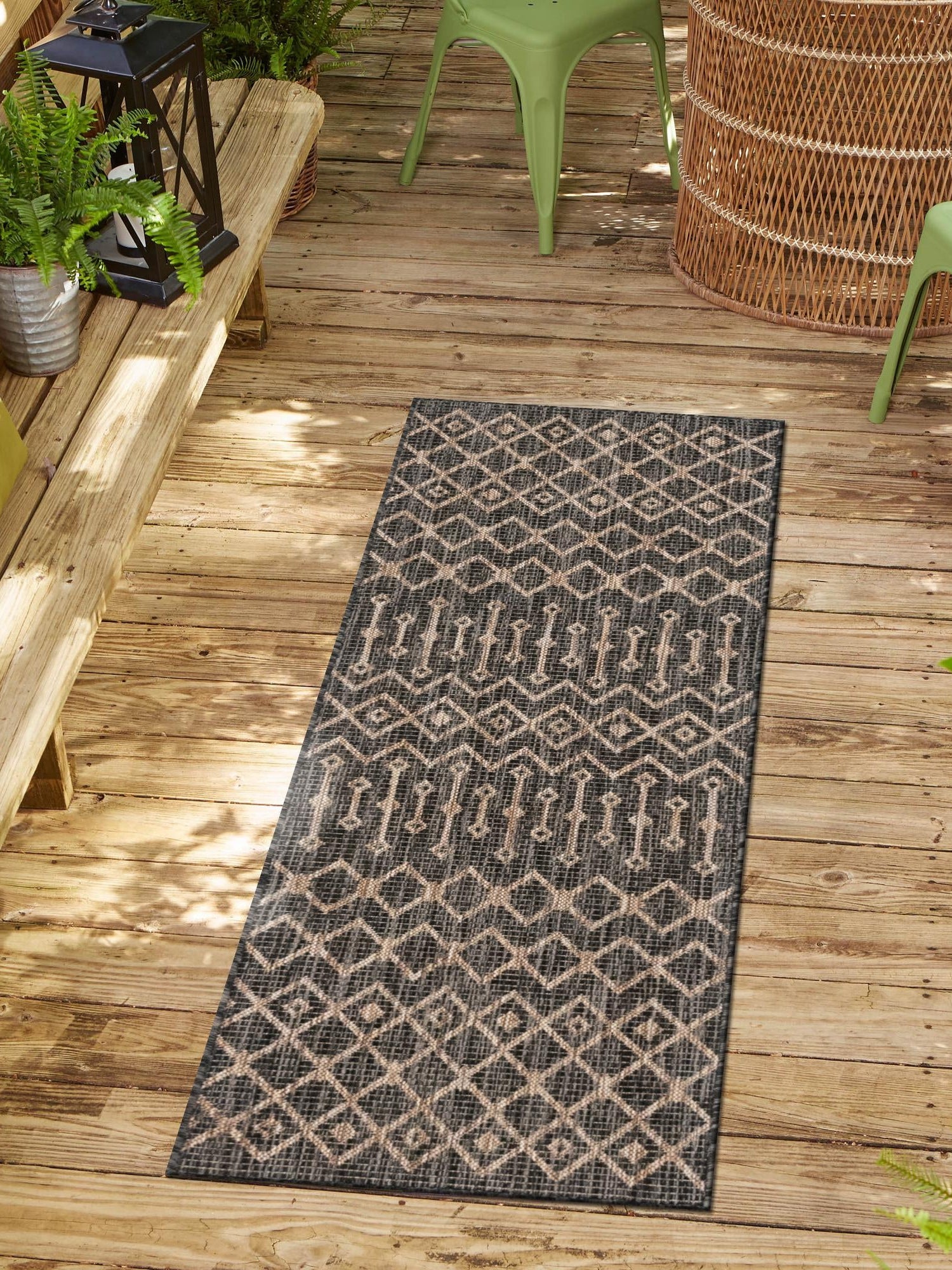 Charcoal Gray 2' x 6' 1 Outdoor Trellis Runner Area Rug Weather Resistant for Patio, Deck, Terrace, Balcony, Porch Geometric Design Water Safe Outside Carpet for Sale at Rug Engine