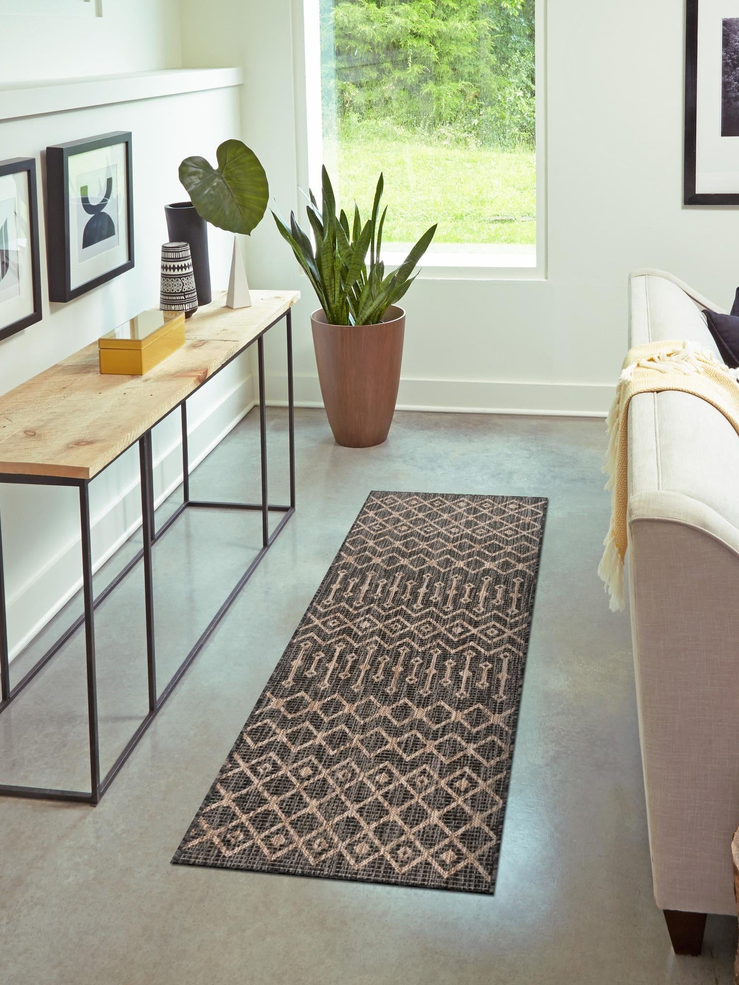 Charcoal Gray 2' x 6' 1 Outdoor Trellis Runner Area Rug Weather Resistant for Patio, Deck, Terrace, Balcony, Porch Geometric Design Water Safe Outside Carpet for Sale at Rug Engine
