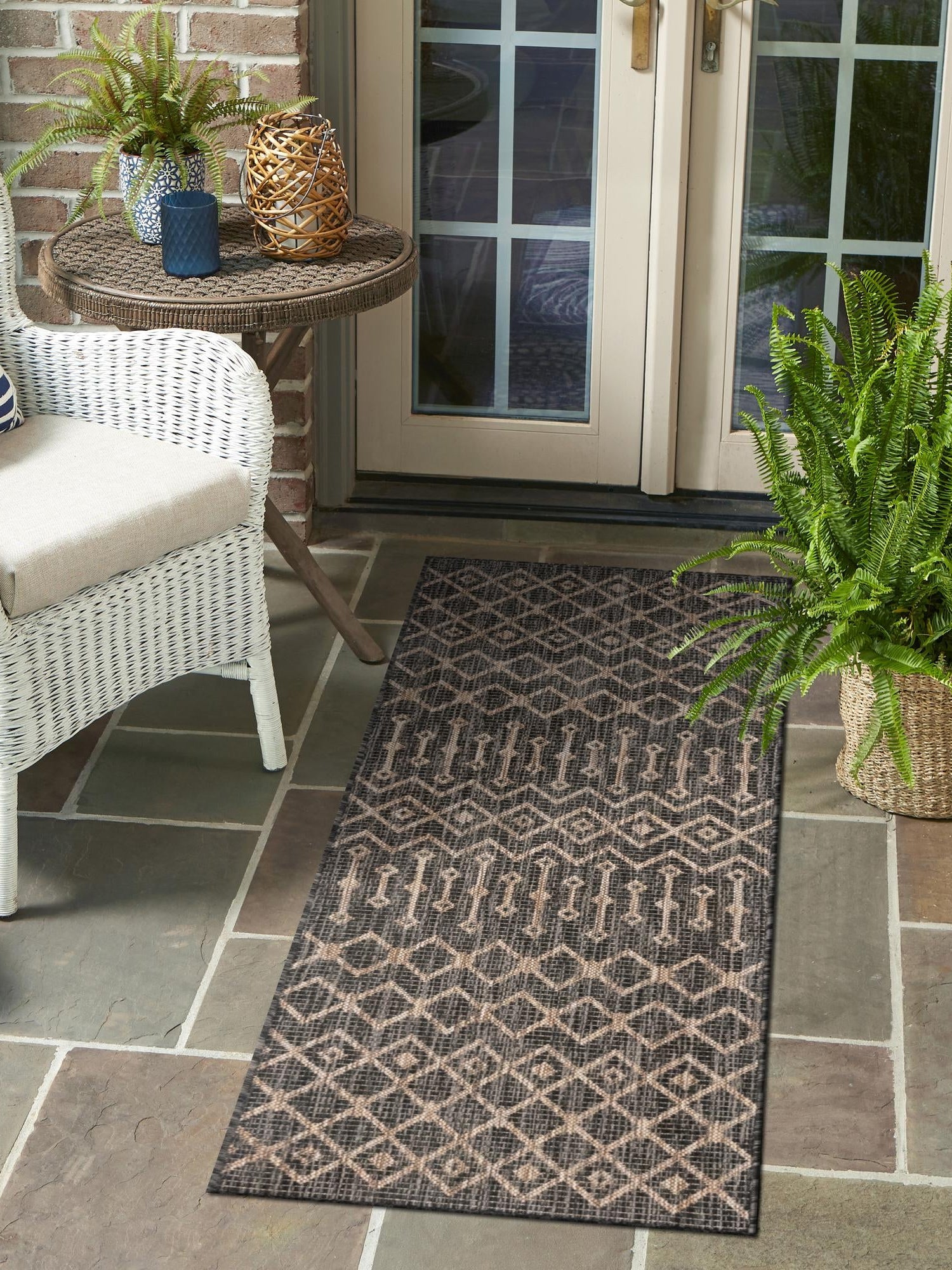 Charcoal Gray 2' x 6' 1 Outdoor Trellis Runner Area Rug Weather Resistant for Patio, Deck, Terrace, Balcony, Porch Geometric Design Water Safe Outside Carpet for Sale at Rug Engine