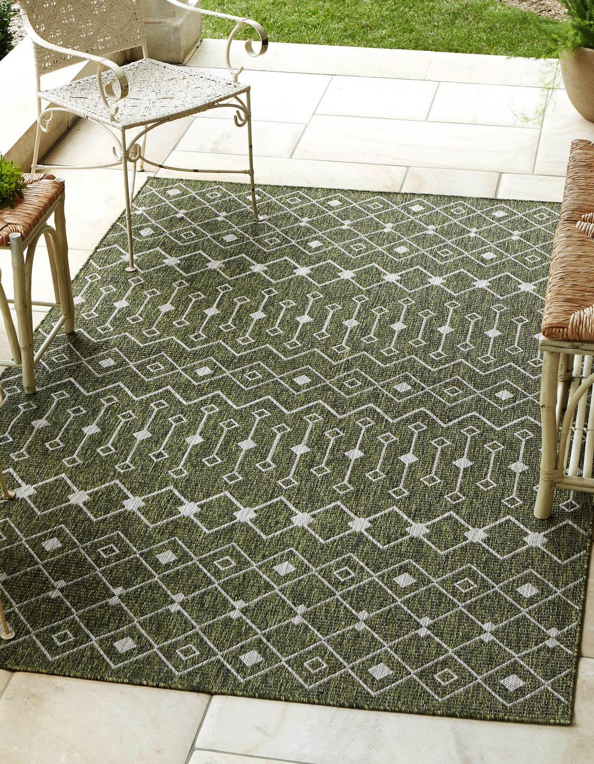 Green 9' x 12' Outdoor Trellis Rectangle Area Rug Weather Resistant for Patio, Deck, Terrace, Balcony, Porch Geometric Design Water Safe Outside Carpet for Sale at Rug Engine
