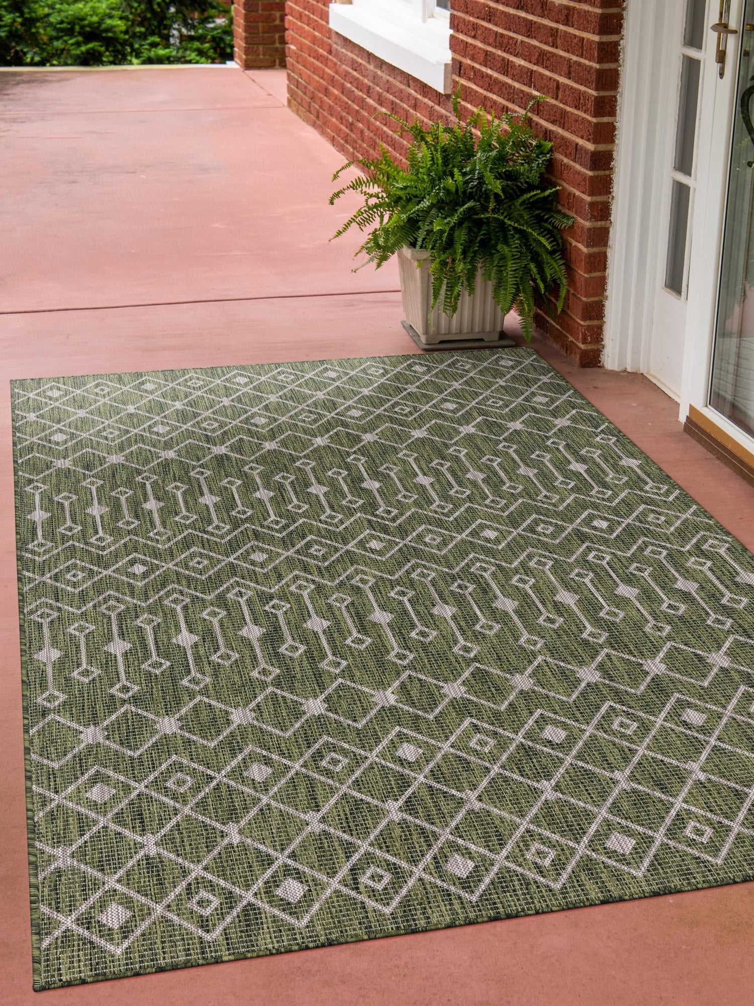 Green 4' 1 x 6' 1 Outdoor Trellis Rectangle Area Rug Weather Resistant for Patio, Deck, Terrace, Balcony, Porch Geometric Design Water Safe Outside Carpet for Sale at Rug Engine