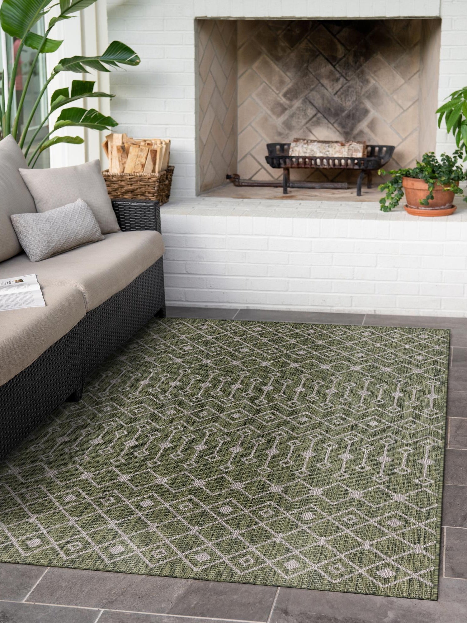 Green 7' 1 x 10' Outdoor Trellis Rectangle Area Rug Weather Resistant for Patio, Deck, Terrace, Balcony, Porch Geometric Design Water Safe Outside Carpet for Sale at Rug Engine