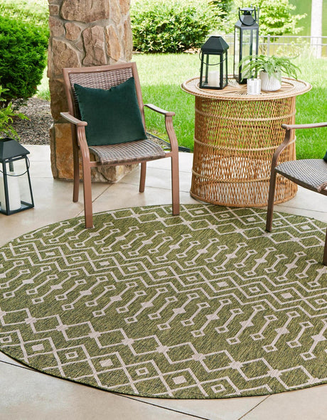 Green 4' 1 x 4' 1 Outdoor Trellis Round Area Rug Weather Resistant for Patio, Deck, Terrace, Balcony, Porch