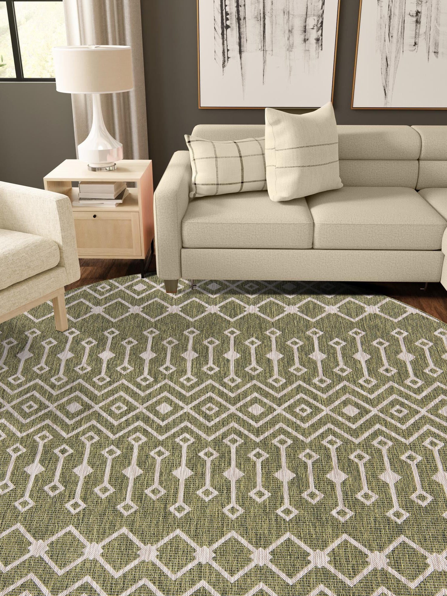 Green 5' 3 x 5' 3 Outdoor Trellis Round Area Rug Weather Resistant for Patio, Deck, Terrace, Balcony, Porch Geometric Design Water Safe Outside Carpet for Sale at Rug Engine